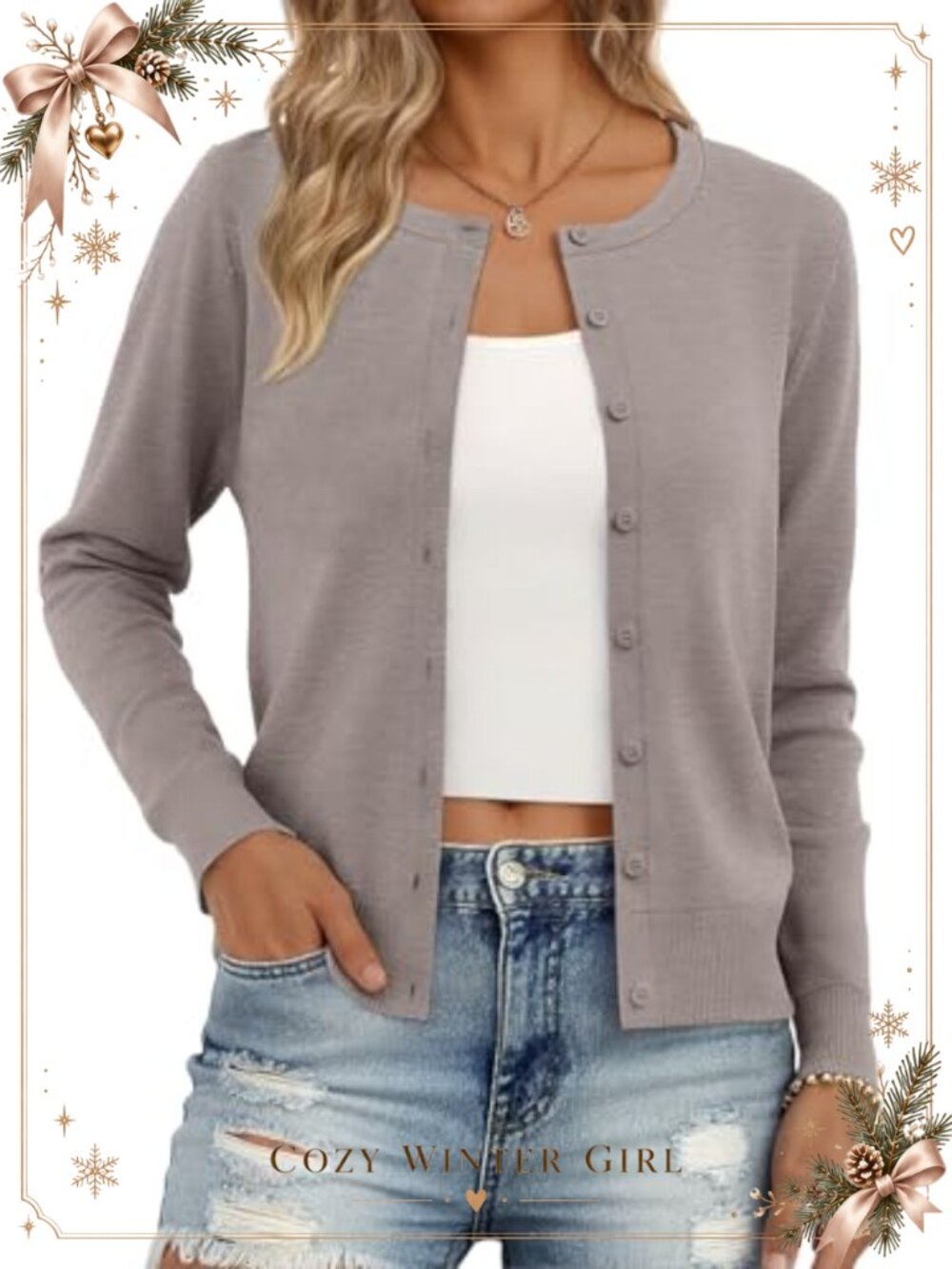 Lightweight Knit Button Down Cardigan Long Sleeve Crew Neck